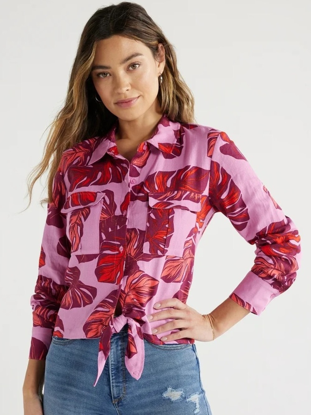 Sofia Jeans Women's Tie Front Linen Top With Cargo Pockets, Opera Mauve Size L